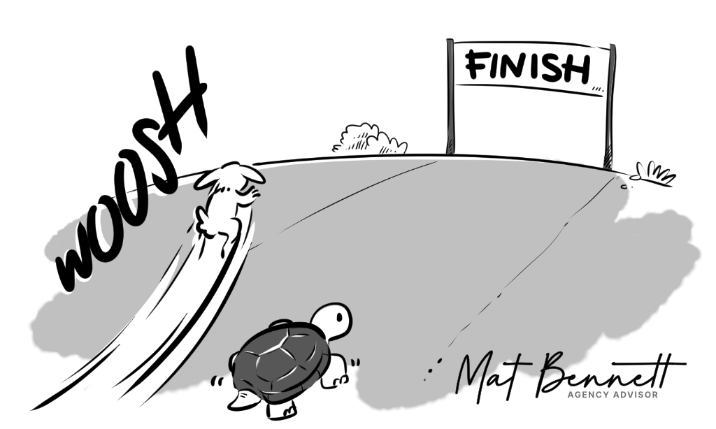 Diagram: the hare races off at full speed in the wrong direction while the tortoise takes the short, direct route to the finish line.