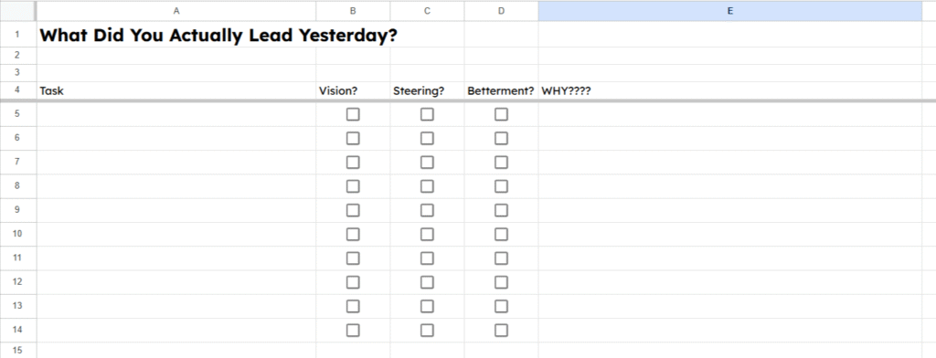 A 24-hour snapshot logged in a spreadsheet, tracking how a founder’s time was actually spent across a single day.